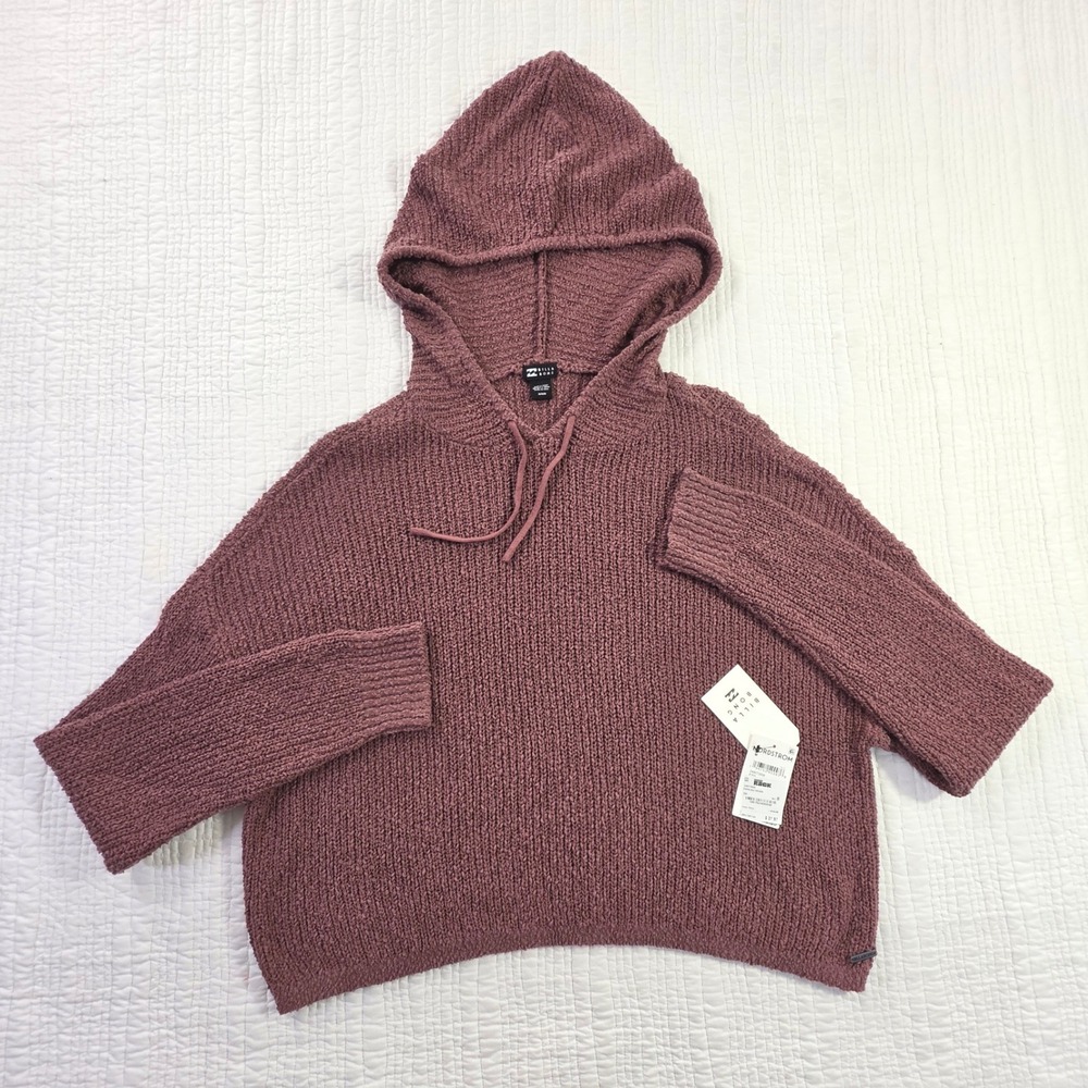 Billabong NWT Women Mauve Pink Hooded Knit Sweater Medium Beach Boho Pullover